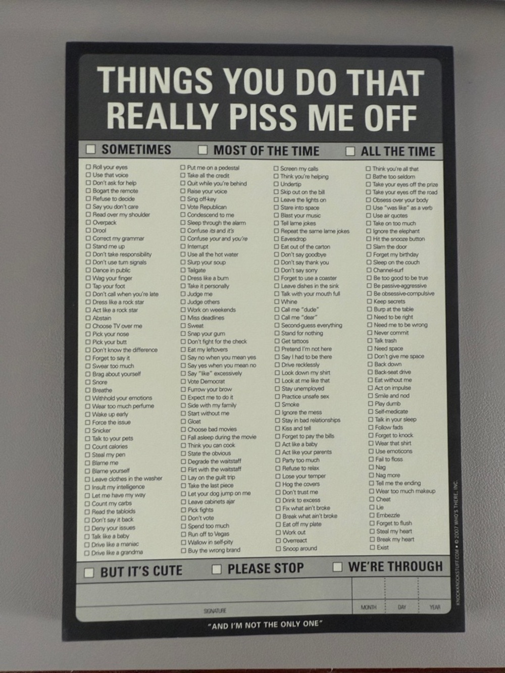 Knock Knock Black & White 'Things You Do That Really Piss Me Off' Checklist Pad